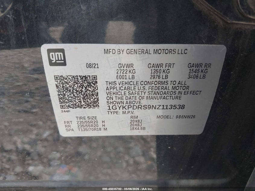 2022 Cadillac Xt6 Awd Premium Luxury VIN: 1GYKPDRS9NZ113538 Lot: 45035780