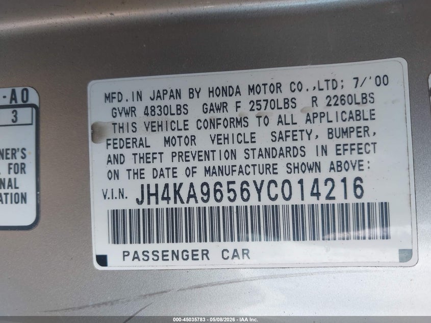 2000 Acura Rl 3.5 VIN: JH4KA9656YC014216 Lot: 45035783
