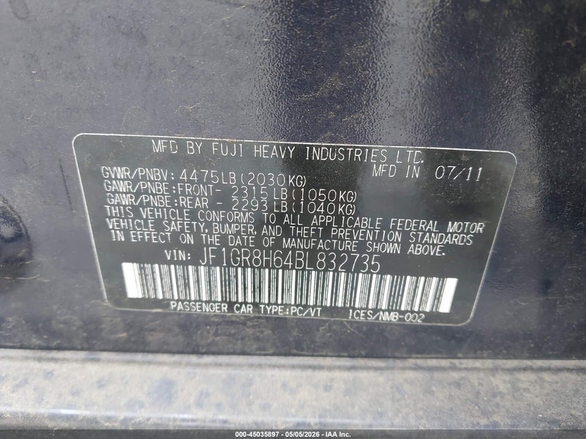 2011 Subaru Impreza Wrx Sti VIN: JF1GR8H64BL832735 Lot: 45035897