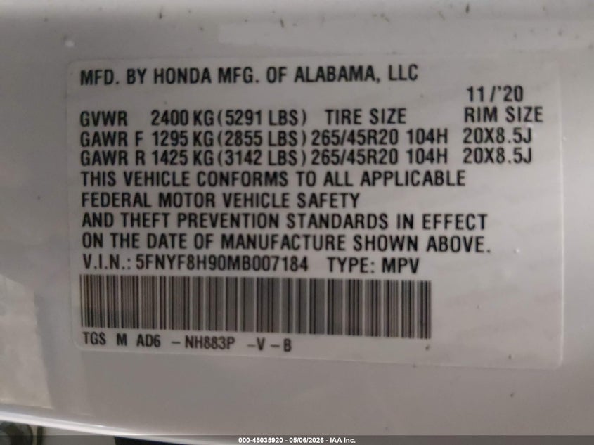 2021 Honda Passport Awd Touring VIN: 5FNYF8H90MB007184 Lot: 45035920