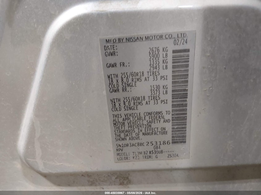 NISSAN PATHFINDER 2024 VIN 5N1DR3AC8RC253186