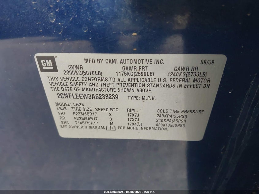 2010 CHEVROLET EQUINOX SPORT UTILITY VEHICLE 2.4L I-4 DI, DOHC, VVT, 182HP
