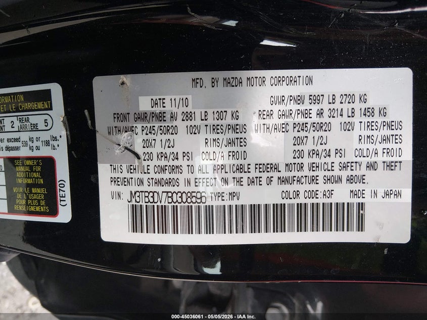 2011 Mazda Cx-9 3.7 Cx-9 Grand Touring black Lot 111045036061 Vin JM3TB3DV7B0308596