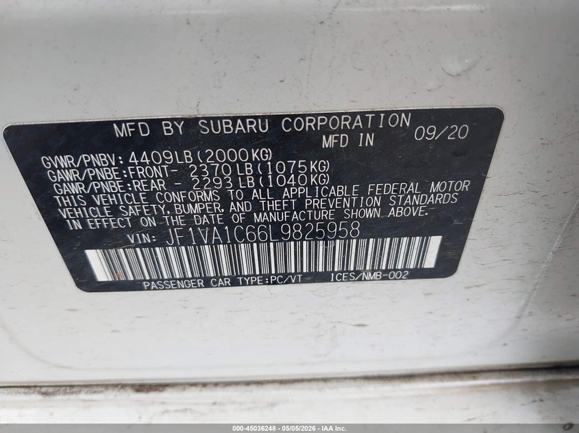 2020 Subaru Wrx Premium VIN: JF1VA1C66L9825958 Lot: 45036248
