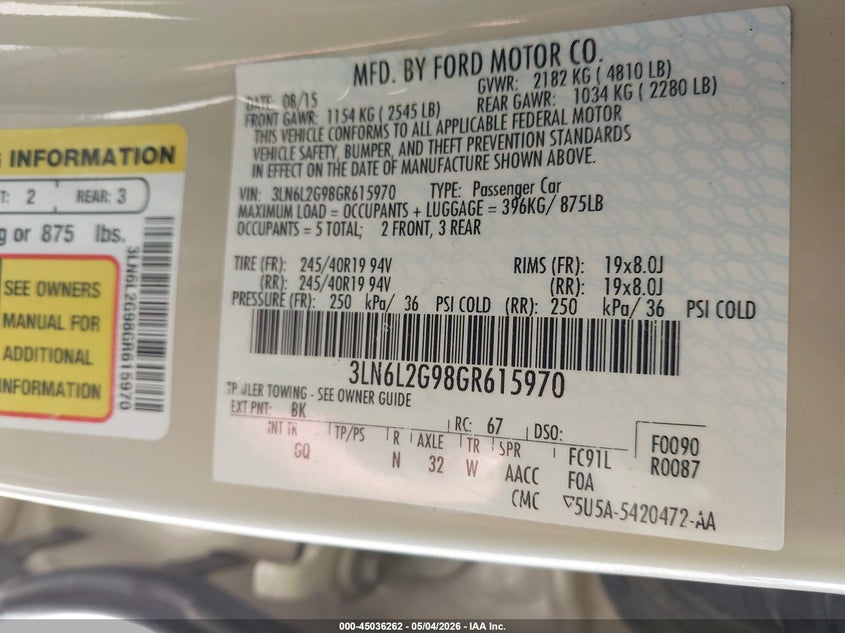 2016 LINCOLN MKZ SEDAN 2.0L I-4 DI, DOHC, VVT, TURBO, 240HP