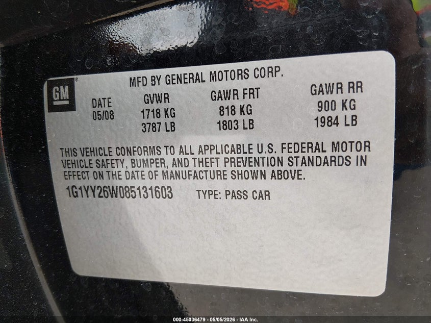 2008 Chevrolet Corvette VIN: 1G1YY26W085131603 Lot: 45036479