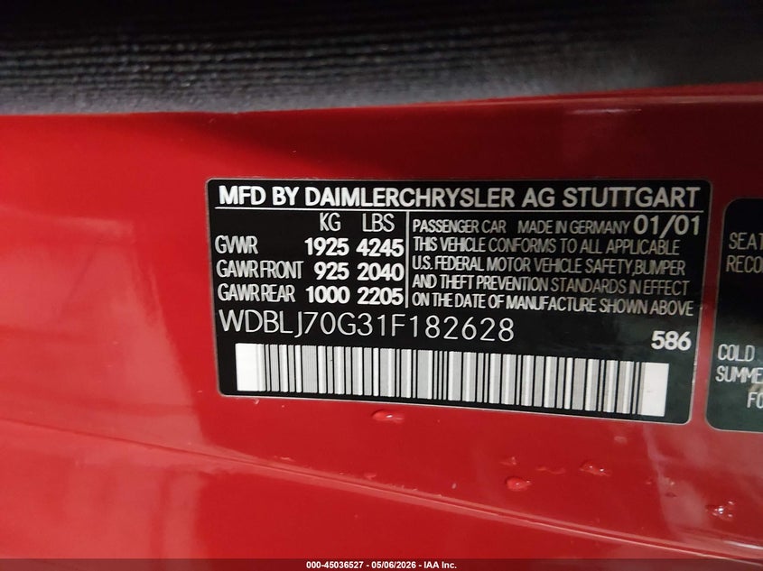 2001 Mercedes-Benz Clk 430 VIN: WDBLJ70G31F182628 Lot: 45036527
