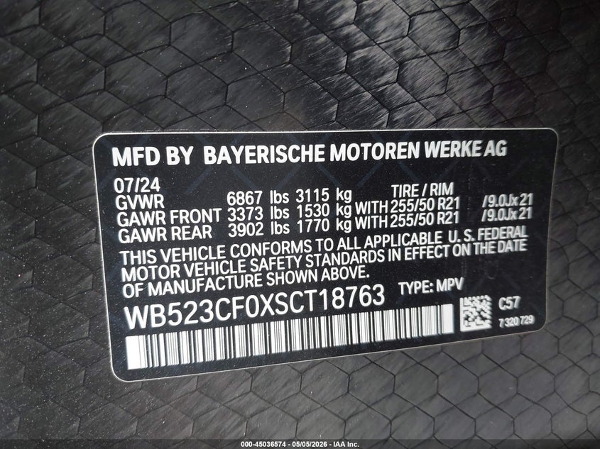 2025 BMW Ix xDrive50 VIN: WB523CF0XSCT18763 Lot: 45036574