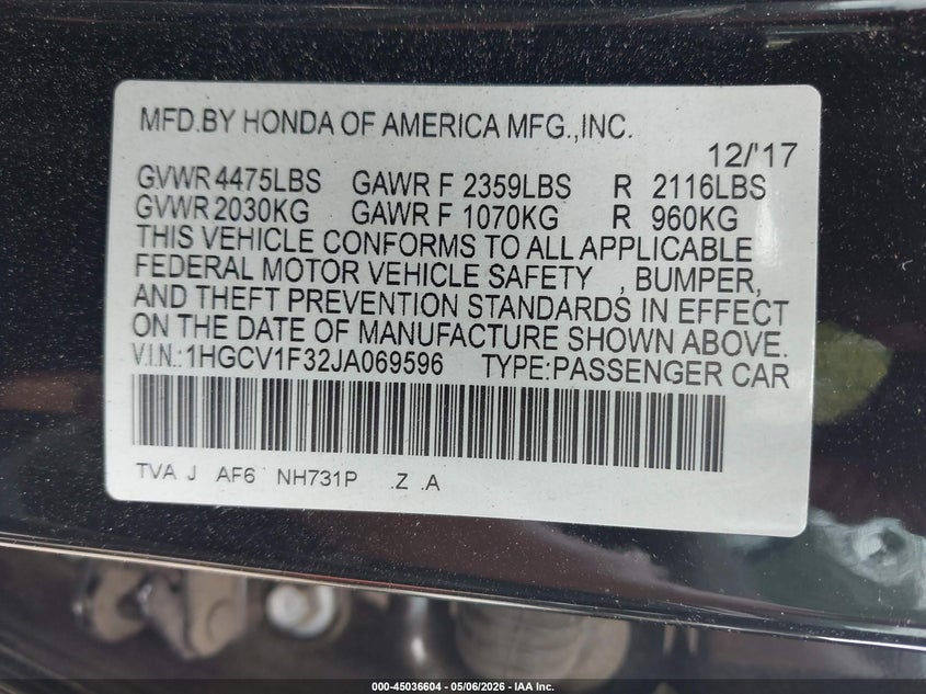 VIN 1HGCV1F32JA069596 2018 HONDA ACCORD SPORT