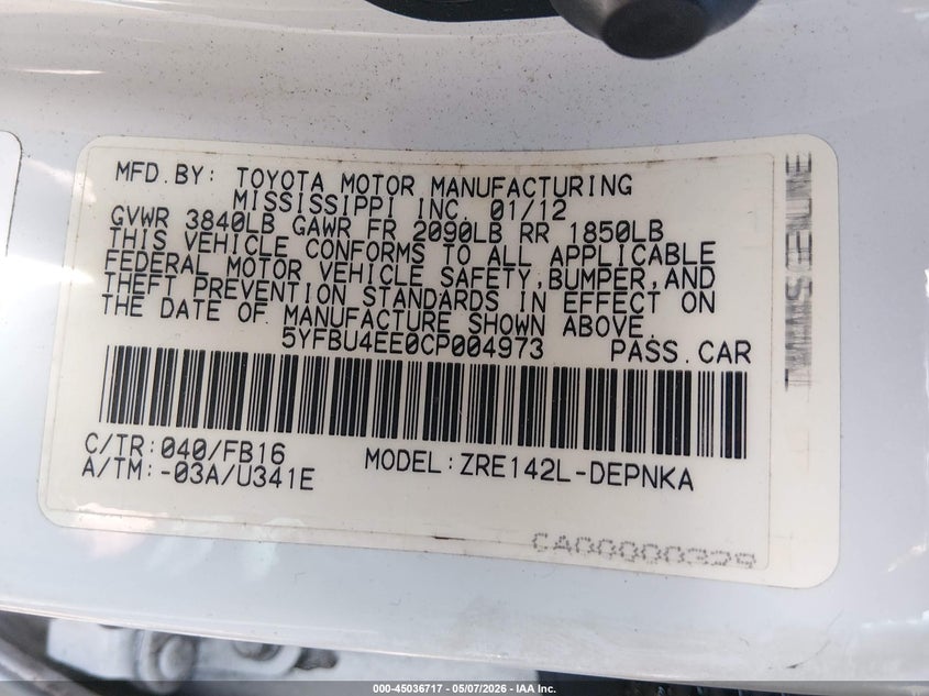 2012 Toyota Corolla 1.8 Le White Lot 111045036717 Vin 5YFBU4EE0CP004973
