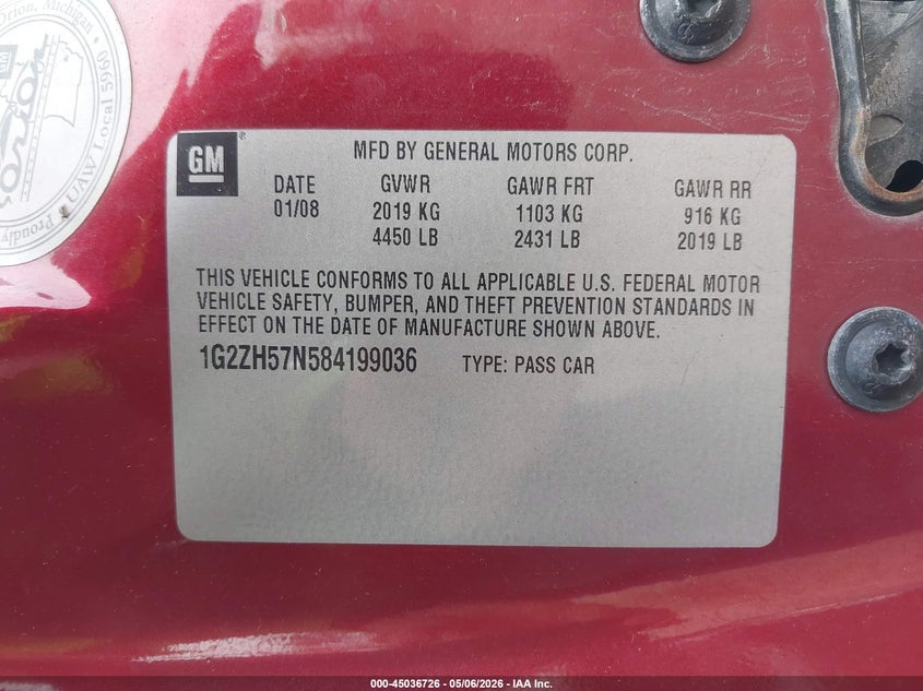 2008 Pontiac G6 Gt VIN: 1G2ZH57N584199036 Lot: 45036726