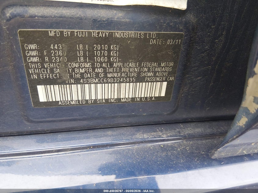 2011 Subaru LEGACY 2.5 2.5I Prem Awp blue Lot 111045036767 Vin 4S3BMCC69B3245895
