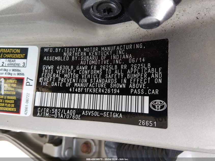 TOYOTA CAMRY 2014 VIN 4T4BF1FK9ER426194