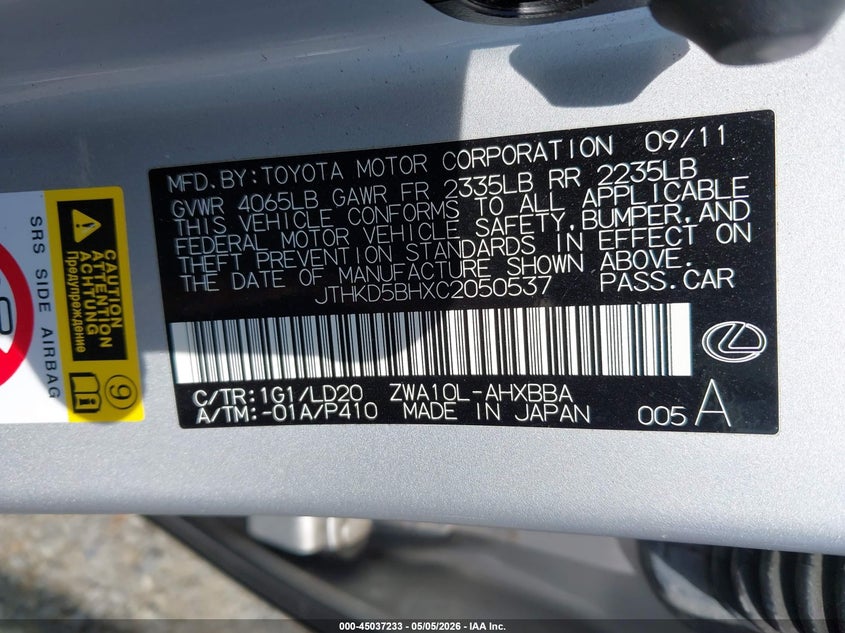 2012 Lexus Ct 200 VIN: JTHKD5BHXC2050537 Lot: 45037233