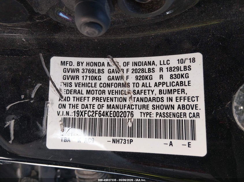 VIN 19XFC2F64KE002076 2019 HONDA CIVIC LX