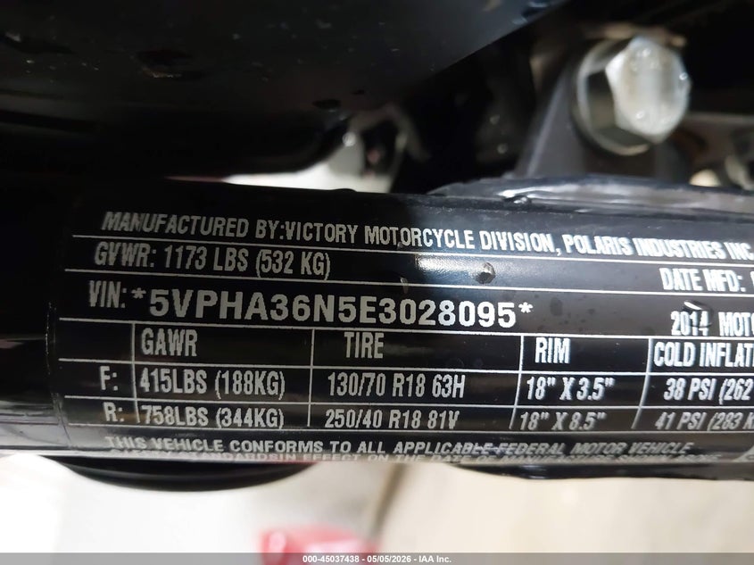 2014 Victory Motorcycles Hammer 8-Ball VIN: 5VPHA36N5E3028095 Lot: 45037438