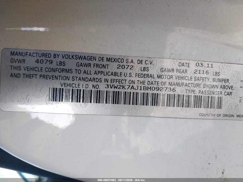 2011 VOLKSWAGEN JETTA SEDAN 2.0L I-4 115HP