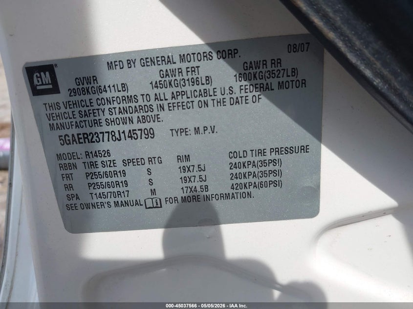 2008 BUICK ENCLAVE SPORT UTILITY VEHICLE 3.6L V-6 DOHC, VVT, 275HP