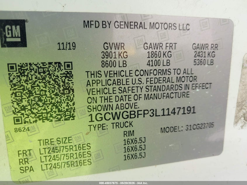 CHEVROLET EXPRESS CARGO 2020 VIN 1GCWGBFP3L1147191