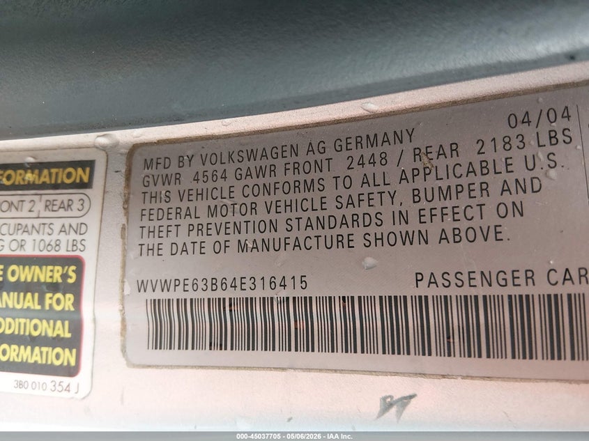 2004 Volkswagen Passat Gls Tdi VIN: WVWPE63B64E316415 Lot: 45037705