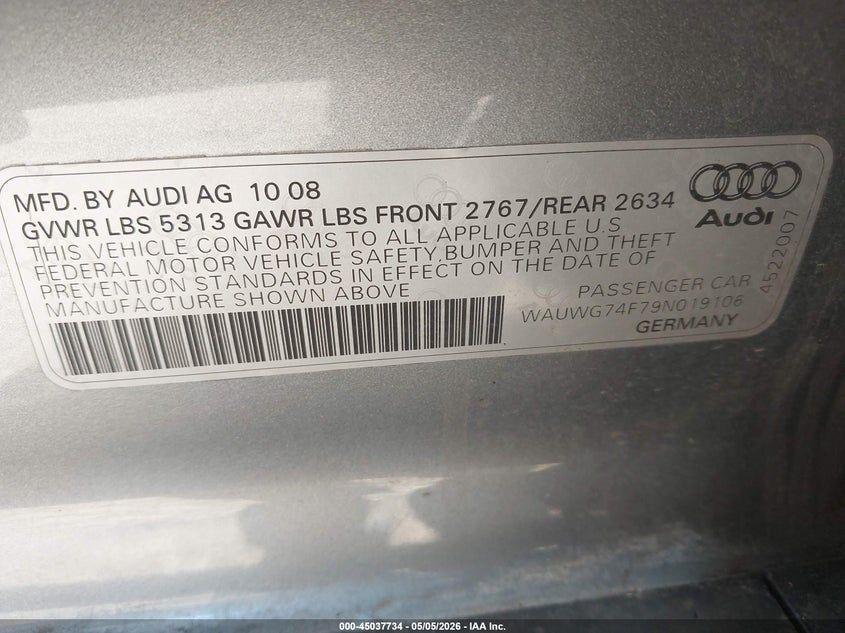 2009 Audi A6 3.0 Premium VIN: WAUWG74F79N019106 Lot: 45037734