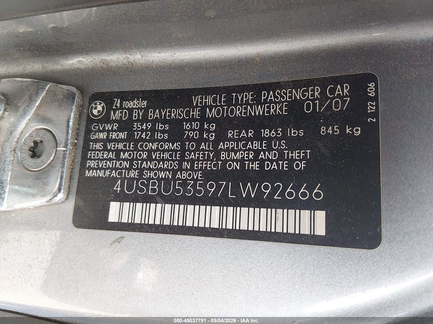 2007 BMW Z4 3.0Si VIN: 4USBU53597LW92666 Lot: 45037791