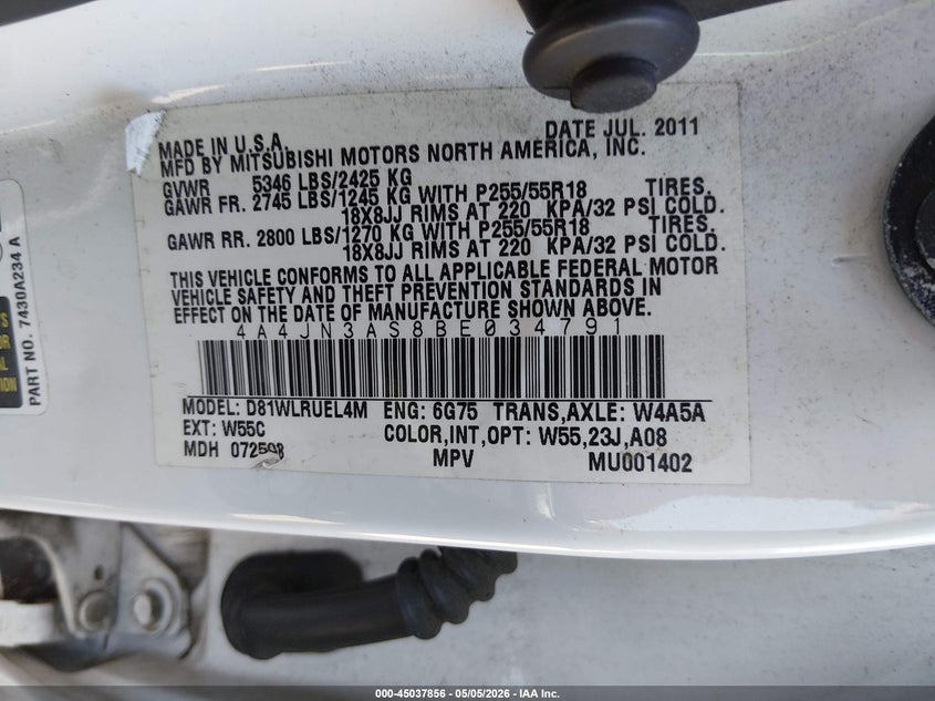 2011 Mitsubishi Endeavor Se VIN: 4A4JN3AS8BE034791 Lot: 45037856