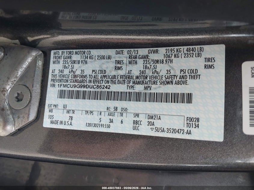2013 FORD ESCAPE SPORT UTILITY VEHICLE 2.0L I-4 DI, DOHC, VVT, TURBO, 231HP