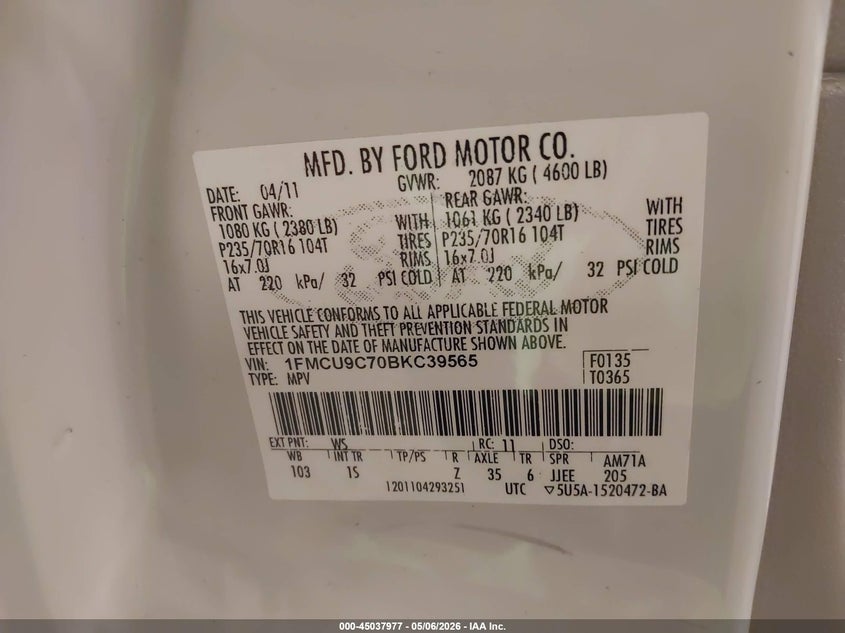 2011 Ford Escape 2.5 Xls white Lot 111045037977 Vin 1FMCU9C70BKC39565