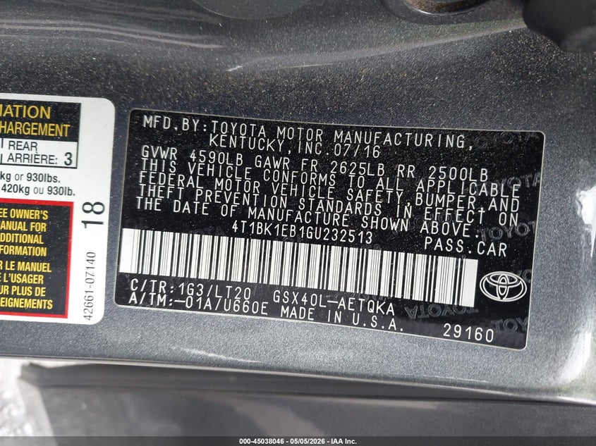 2016 Toyota Avalon Touring VIN: 4T1BK1EB1GU232513 Lot: 45038046