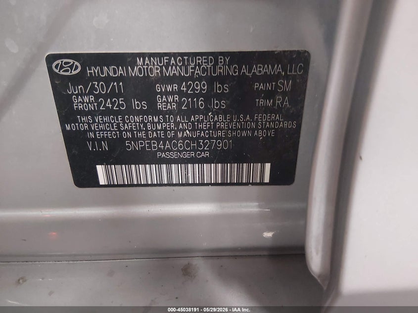 2012 Hyundai Sonata 2.4 Gls grey Lot 111045038191 Vin 5NPEB4AC6CH327901