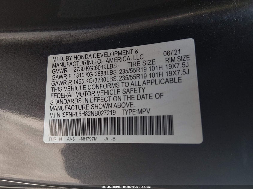 2022 Honda Odyssey Touring VIN: 5FNRL6H82NB027219 Lot: 45038194