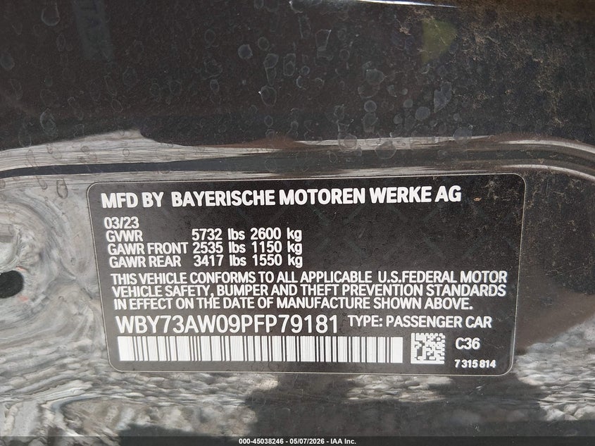 2023 BMW I4 Edrive40 VIN: WBY73AW09PFP79181 Lot: 45038246