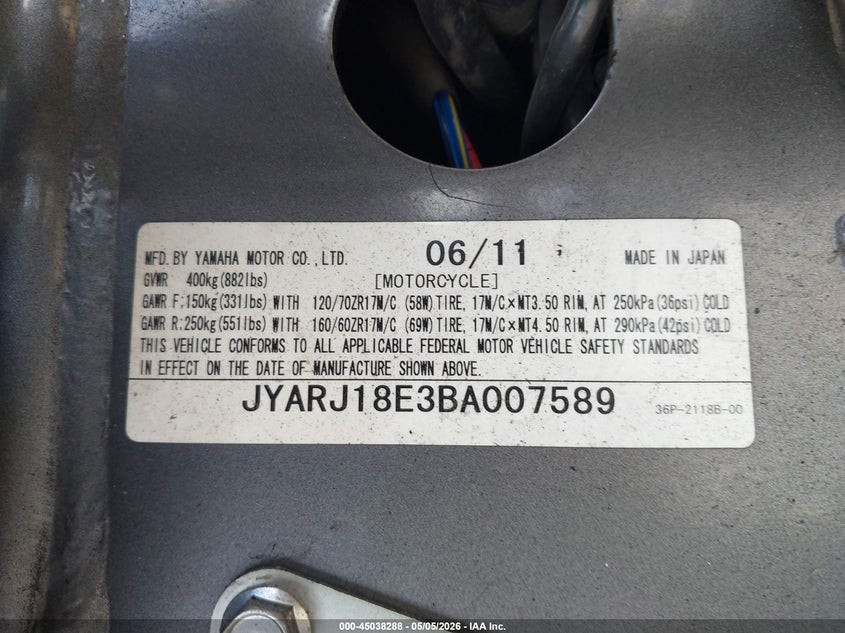 2011 Yamaha Fz6 R VIN: JYARJ18E3BA007589 Lot: 45038288
