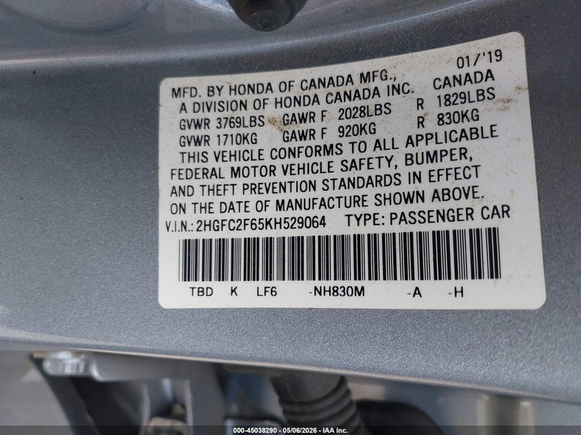 VIN 2HGFC2F65KH529064 2019 HONDA CIVIC LX