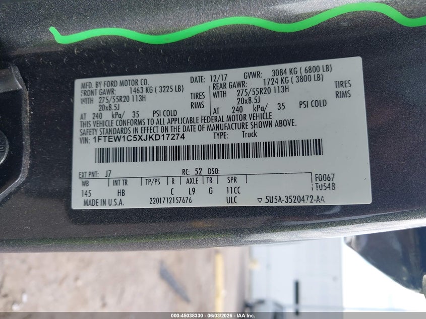 VIN 1FTEW1C5XJKD17274 2018 FORD F-150 LARIAT