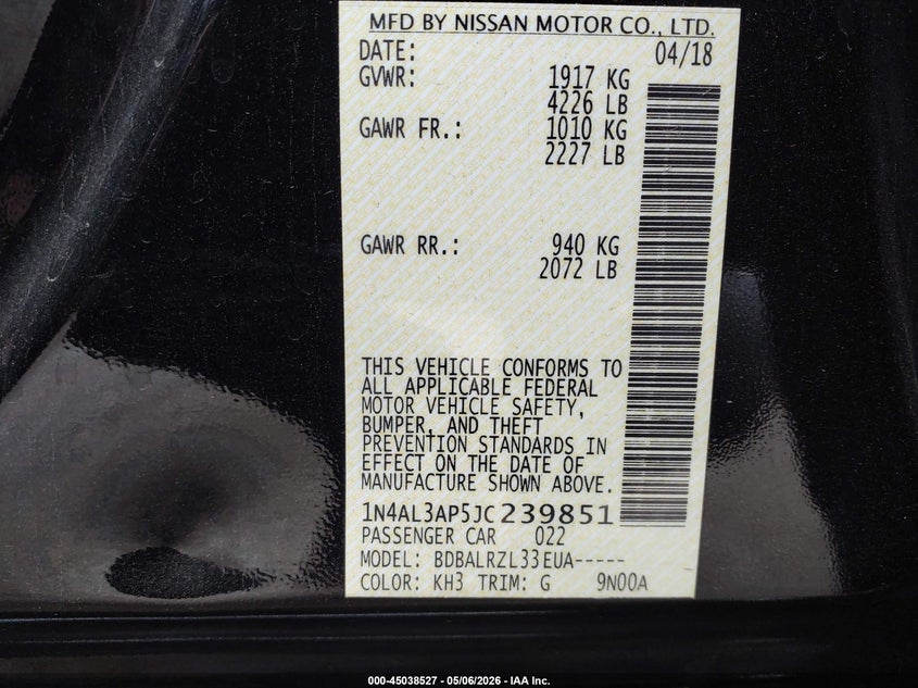 VIN 1N4AL3AP5JC239851 2018 NISSAN ALTIMA 2.5 SL