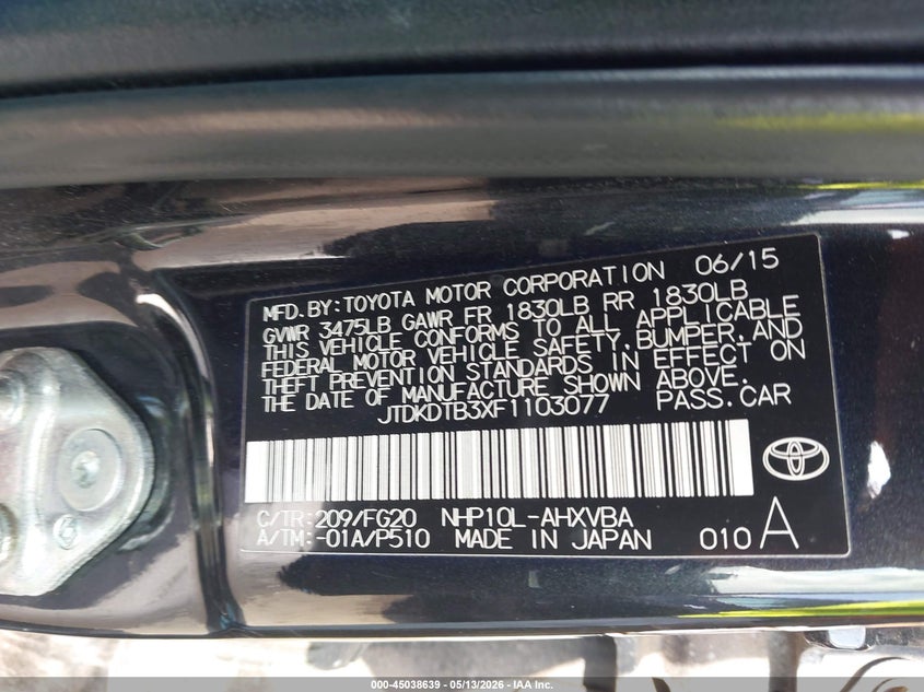 2015 Toyota Prius C Two VIN: JTDKDTB3XF1103077 Lot: 45038639