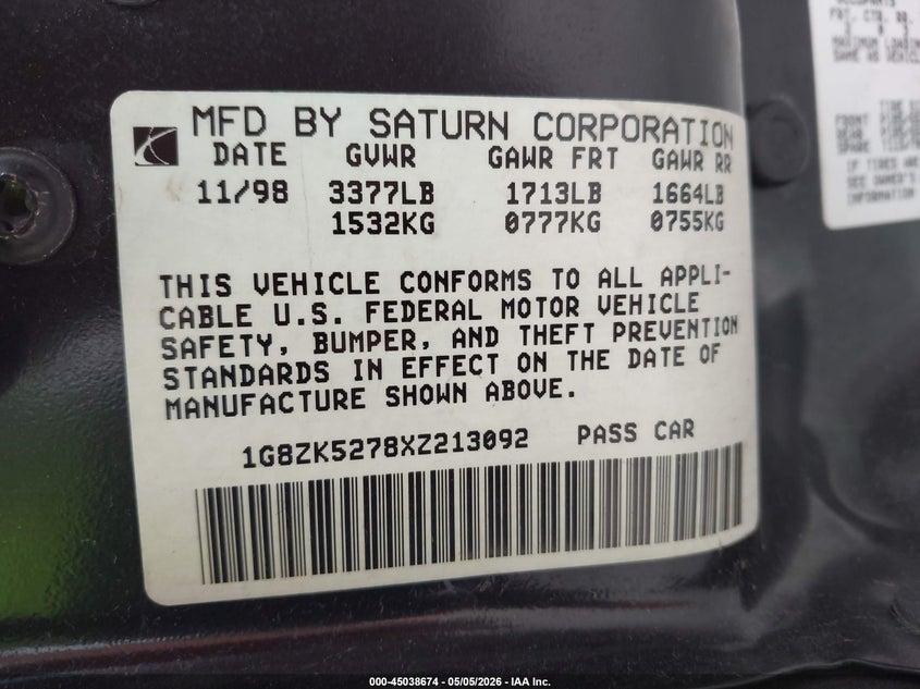 1999 Saturn Sl2 VIN: 1G8ZK5278XZ213092 Lot: 45038674