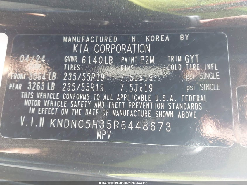 2024 Kia Carnival Mpv Ex VIN: KNDNC5H35R6448673 Lot: 45038699