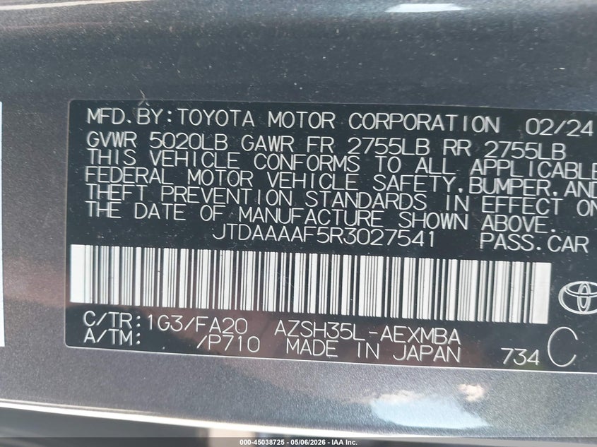 2024 Toyota Crown Xle VIN: JTDAAAAF5R3027541 Lot: 45038725