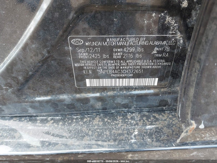 2012 HYUNDAI SONATA SEDAN 2.4L I-4 DI, DOHC, VVT, 198HP