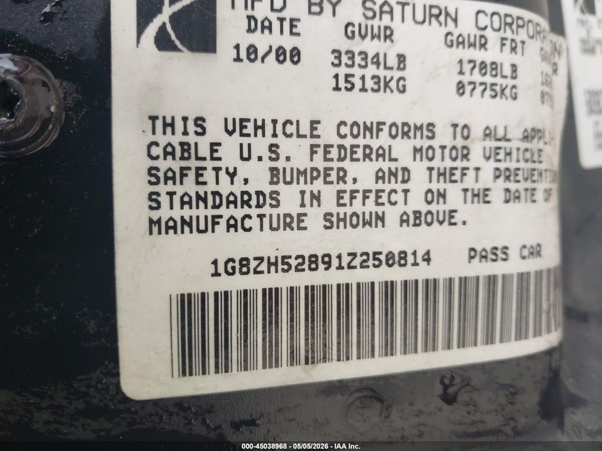 2001 Saturn Sl Base (A4) VIN: 1G8ZH52891Z250814 Lot: 45038968