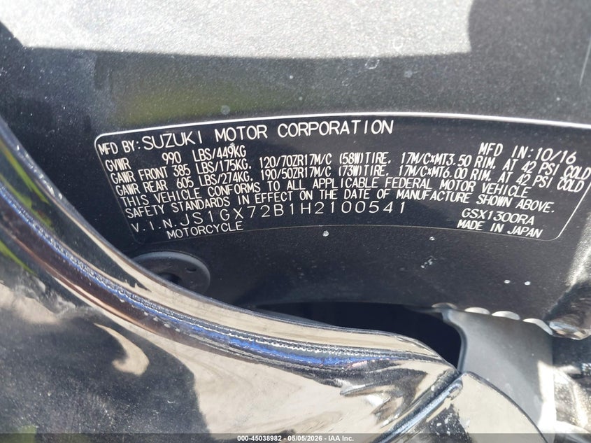 2017 Suzuki Gsx1300 Ra VIN: JS1GX72B1H2100541 Lot: 45038982