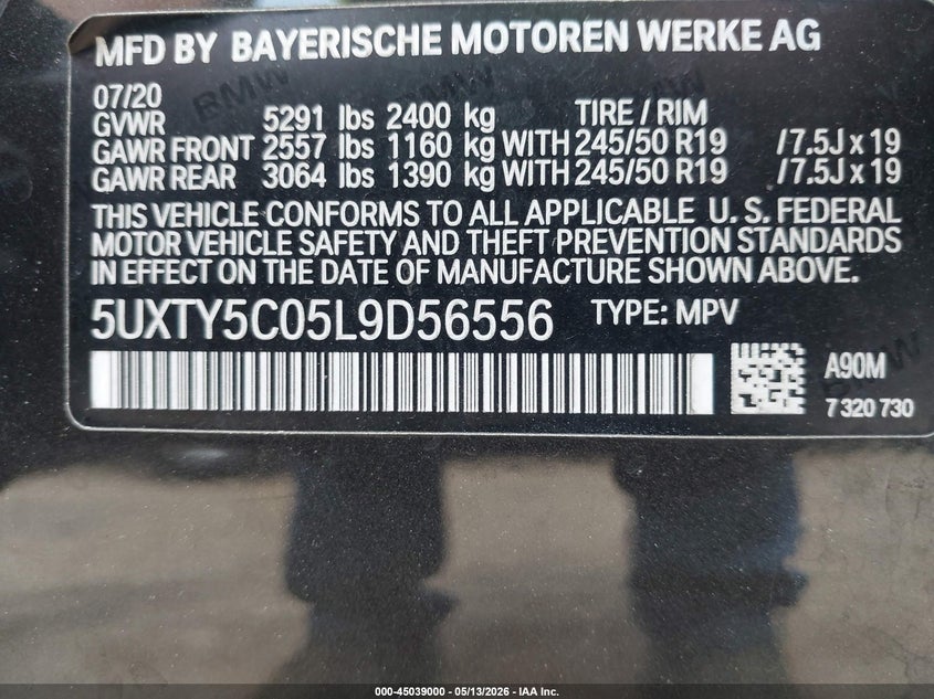 VIN 5UXTY5C05L9D56556 2020 BMW X3 XDRIVE30I