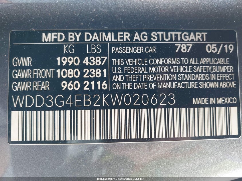 2019 Mercedes-Benz A 220 VIN: WDD3G4EB2KW020623 Lot: 45039175