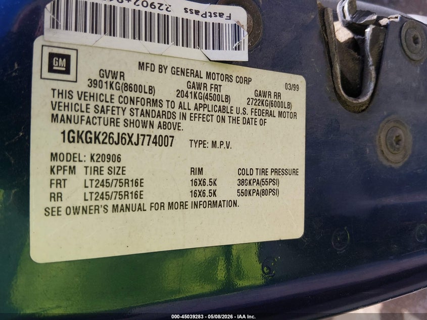 1999 GMC Suburban 2500 Sl VIN: 1GKGK26J6XJ774007 Lot: 45039283