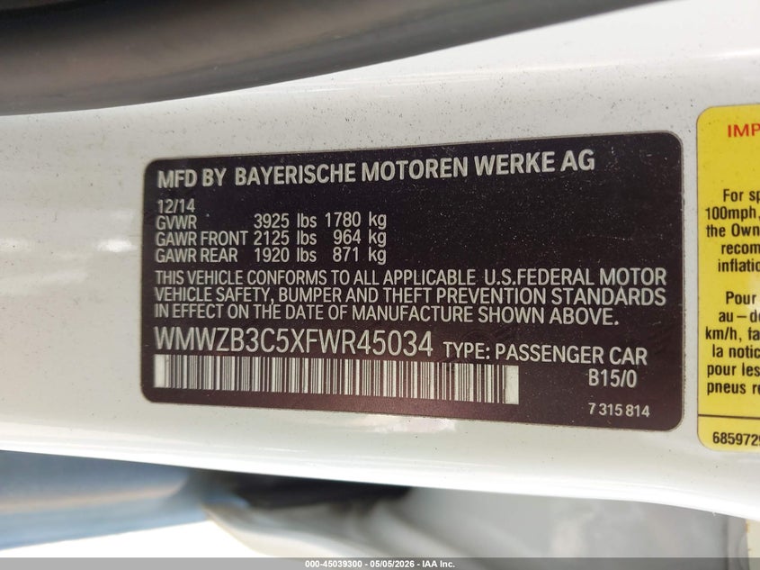 2015 Mini Countryman Cooper VIN: WMWZB3C5XFWR45034 Lot: 45039300