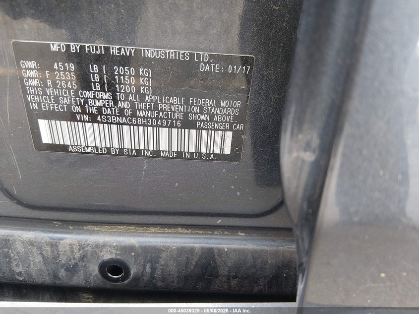 2017 SUBARU LEGACY SEDAN 2.5L H-4 DOHC, VVT, 175HP