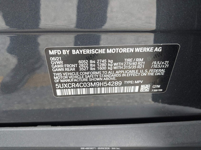 2021 BMW X5 Sdrive40I VIN: 5UXCR4C03M9H54289 Lot: 45039371